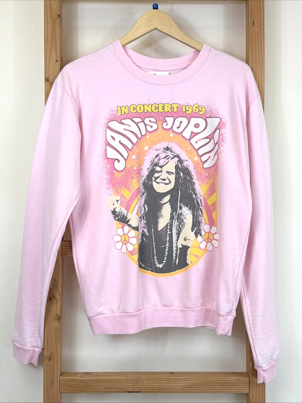 NWT Recycled Karma Pink Janis Joplin Screen Print Fleece Top #1408 Size SM